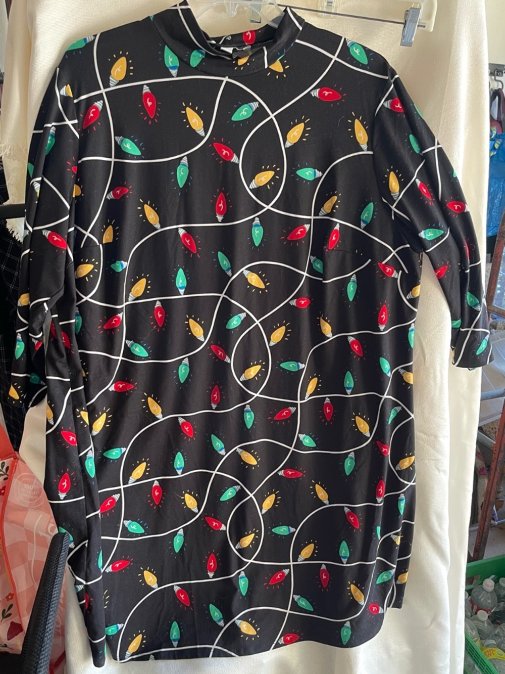 Black Mini Dress with Festive Light Print